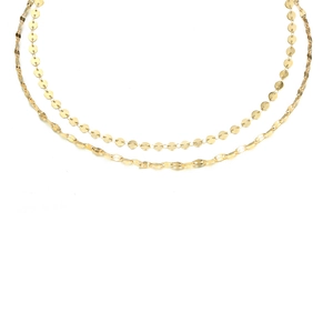 Double-layered 14K gold plated stainless steel necklace with disc and wave twist chains