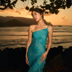 Teal one-shoulder chiffon maxi dress with snake skin print for beach vacation outfits
