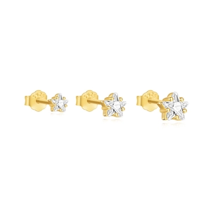 Detailed size comparison of three S925 sterling silver star stud earrings with cubic zirconia