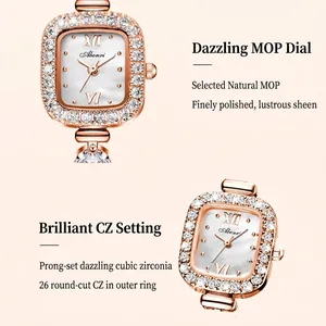 Montre carrée or rose pour femme avec cadran nacre et sertissage de 26 zircons