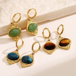 Retro Oval Stone Hoop Drop Earrings Stainless Steel Gold Plated Tiger Eye Aventurine Boho Geometric Jewelry Women