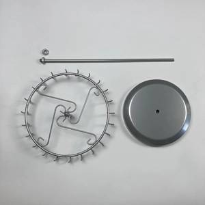 Disassembled parts of rotating metal jewelry rack with hooks, pole, and round base