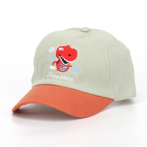 Close-up of children's baseball cap with dinosaur embroidery and contrast visor