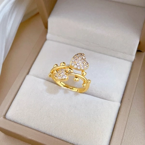 Luxurious gold-plated adjustable ring with twin heart-shaped white zircon inlays