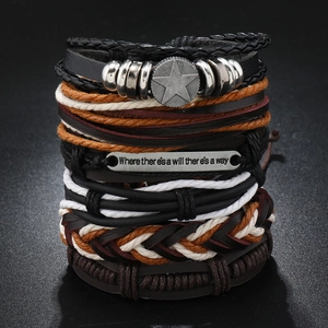 Men Bracelet Multi Layer Leather Wood Bead Braided Rope Retro Punk Style Engraved Metal Plate Star Charm Wristband