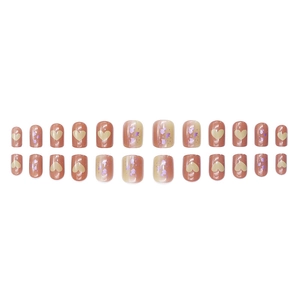 Short square press-on nails in pink and nude with heart sequins and laser glitters