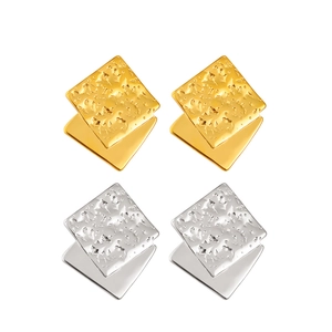 Fashionable textured double-layer square stud earrings in gold and silver stainless steel