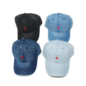 Denim baseball caps with heart embroidery in black, dark blue, mid blue and light blue