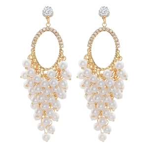 French vintage gold earrings with zircon crystals and faux pearl grape cluster tassels