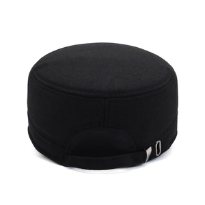 Winter black wool flat top cadet cap with ear protection and adjustable metal buckle strap