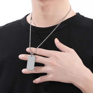 Men's silver rectangular military tag necklace with polished steel ball chain