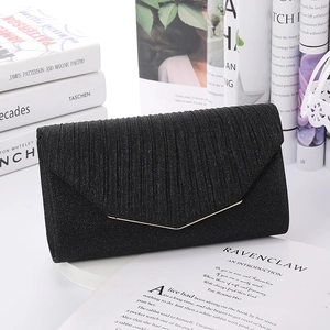 Elegant black glitter evening clutch with pleated texture and gold metal clasp closure