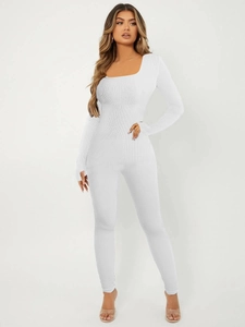 Close-up of white ribbed knit fabric on long-sleeve slim fit square neck bodysuit