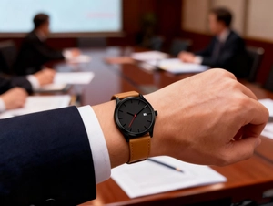 Détail du cadran de montre à quartz avec trotteuse rouge et guichet date sur bracelet cuir