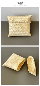 Detail view of handmade rectangular bamboo woven gift box with diagonal weave pattern