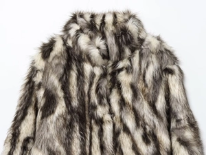 Close-up of the plush faux fur texture and collar detail on a mixed grey coat