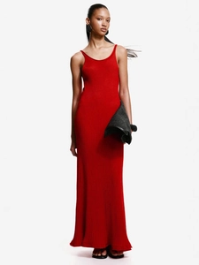 Elegant red knitted halter maxi dress with fine ribbed texture and backless design