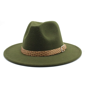 Detail of dark green wool fedora with brown braided band and silver metal buckle