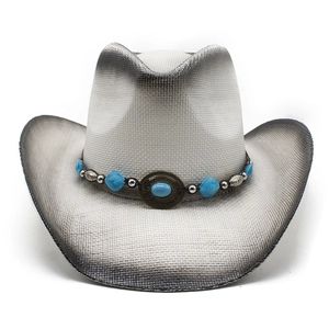 Detail of woven cowboy hat featuring vintage turquoise beads and a silver metal buckle band