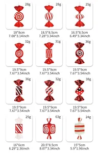 Size and weight chart for 12 styles of red Christmas candy ornaments and tree decorations