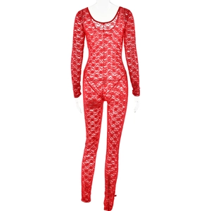 Rear view of long sleeve red lace bodysuit featuring intricate hollow floral patterns