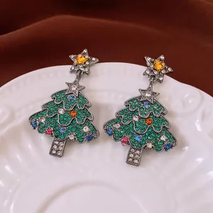 Sparkling Christmas tree drop earrings with green and colorful rhinestones on ceramic