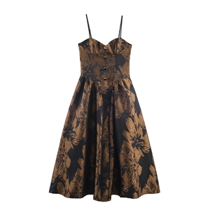 Robe À Bretelles Jacquard Floral Corset Taille Haute Ligne A Soirée Banquet Élégant Vintage Femmes