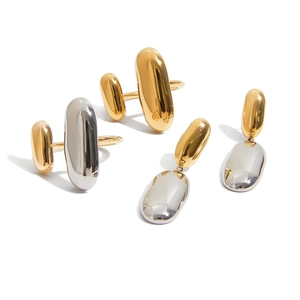 Set bicolore lucido di anelli e orecchini pendenti in acciaio inossidabile oro e argento