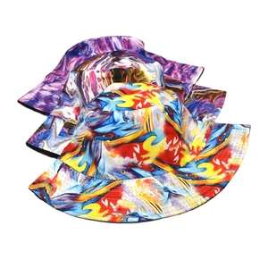 Summer tie-dye bucket hats in colorful graffiti styles with quilted brim for outdoors