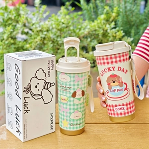 Cartoon stainless steel insulated coffee cups with handles and lucky day dog patterns