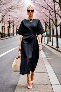 Detail of waist tie on black cotton linen maxi dress with textured fabric finish