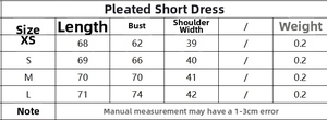 Tableau des tailles détaillé pour la mini robe plissée avec mesures du XS au L