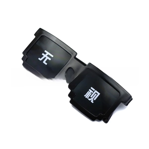 Close-up of pixelated Thug Life sunglasses in black plastic with white Chinese characters