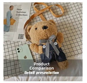 Detail view of brown plush bear crossbody bag with size comparison to a smartphone