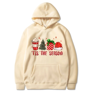 Apricot Christmas hoodie with 'Tis the Season print and festive holiday illustrations