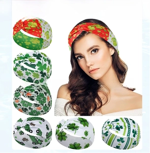 Six St. Patrick's Day elastic headbands with Irish clover and heart patterns for yoga