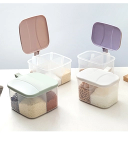 Detail of 4-compartment seasoning box with macaron lids and matching plastic spoons