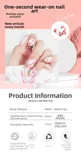 Detailed chart showing pink and white cow pattern press-on nails with product parameters