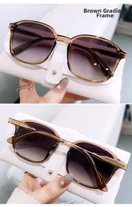 Detail of oversized tea frames and purple gradient lenses on stylish sunglasses
