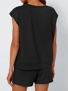 Back view of a black two-piece casual set featuring a round neck top and matching shorts