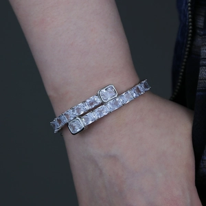Hip hop silver bracelet with double-row rectangular zircon stones on a model wrist