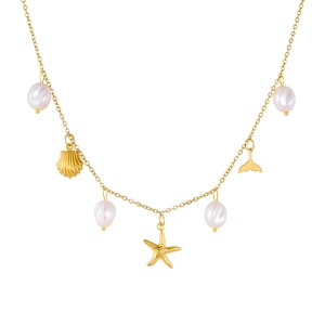 Gold stainless steel necklace with irregular pearls, starfish, shell and fish tail pendants