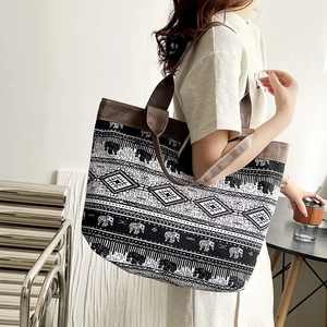 Ethnic bohemian canvas tote bag with black and white elephant print for women