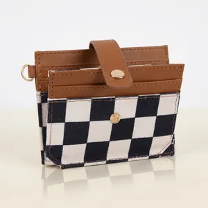 RFID Blocking Card Holder Wallet Canvas PU Leather Geometric Windmill Pattern Wristlet Snap Button Coin Purse For Women