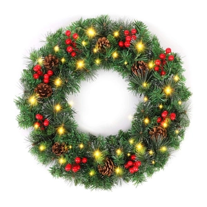 Ghirlanda di Natale con aghi di pino PVC, pigne, bacche rosse e luci LED calde