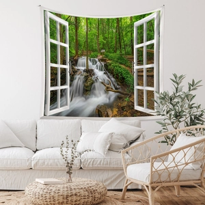 Detailed 3D window view tapestry showing a lush forest waterfall and scenic nature landscape