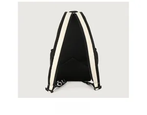 Detailed back view of casual chest bag featuring breathable mesh and beige woven straps