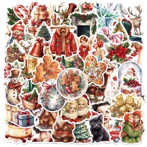 50-piece vintage Christmas stickers set with Santa, reindeer and snowman for DIY decor