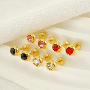 Set of four pairs of gold plated stainless steel stud earrings with colorful rhinestones