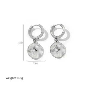 Stainless steel starburst hammered hoop earrings measuring 3.5cm length and 6.8g weight